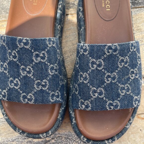 Gucci Women's Angelina Denim Blue Platform Sandals Size 37 - Picture 7 of 9